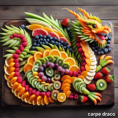 Dragon Fruit Charcuterie Board, Dragon Veggie Tray, Animal Charcuterie Board, Dragon Themed Fruit Tray, Dragon Food Ideas, Animal Fruit Tray, Fish Shaped Veggie Tray, Ocean Fruit Platter, Fruit Platter Animal Designs