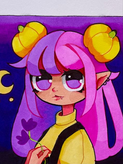 Happy's Charms Art, Pumpkin Head Oc Art, Bun Drawing, Pumpkin Oc Drawing, Pumpkin Person Art, Halloween Kawaii Art, Pumpkin Girl Drawing, Iris Art, Paint Brush Art