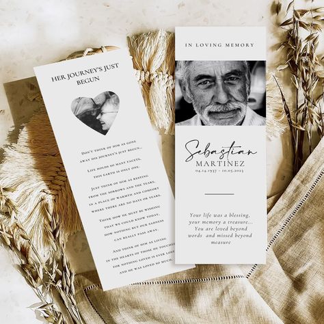 "Edit this elegant Funeral Bookmark Template with your custom details and photos directly in CANVA. Absolutely no design skills needed! Fonts, sizes, and colors as shown in the photos are what will be delivered in this template. Access your template within minutes of purchase and edit in CANVA. Wording, font and font color can all be edited, you can also add photos or a background color easily to match your event style. CANVA is a graphic design application available online at www.canva.com. It Memorial Program, Memorial Cards, Bookmark Template, A Background, All Fonts, Design Skills, In Loving Memory, Canva Template, Celebration Of Life