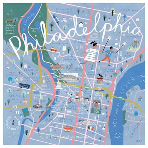 City Maps Illustration, Philadelphia Map, Delaware River, White Prints, Detailed Map, Illustrated Map, Map Design, City Maps, Hudson Valley