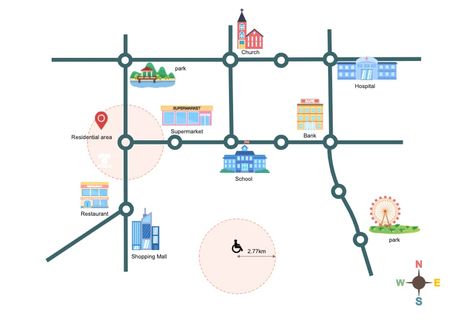 Here is a vicinity map. The information of the map is as follows: 2.77km/h of non-stop moving; 3km distance between subway stations; Facilities: residential facility, school, supermarket, hospital, church, bank, park, restaurant, shopping mall; Budget for 12 accessibility services (6 elevators, 6 ramps). Use EdrawMax to create your own maps and choosing attractive symbols to customize your map with ease. Vicinity Map, Create Your Own Map, Park Restaurant, Local Area, The Map, Non Stop, Shopping Mall, Easy Drawings, Budgeting