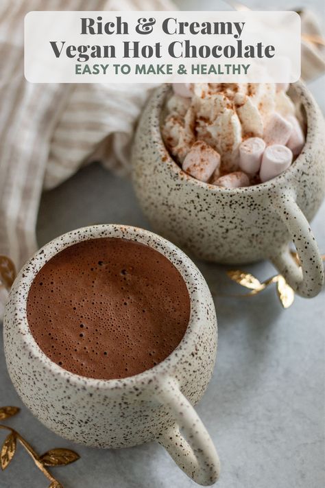 A rich and creamy Vegan Hot Chocolate that uses velvety chocolate melted along with cocoa powder, soft medjool dates and cashew butter for a luxurious non-dairy beverage. Vegan Hot Chocolate Crockpot, Homemade Vegan Hot Chocolate, Vegan Hot Chocolate Mix Recipe Dry, Thick Vegan Hot Chocolate, Creamy Hot Chocolate Recipe, Raw Cacao Hot Chocolate, Vegan Chocolate Bars, Vegan Hot Chocolate, Vegan Marshmallows