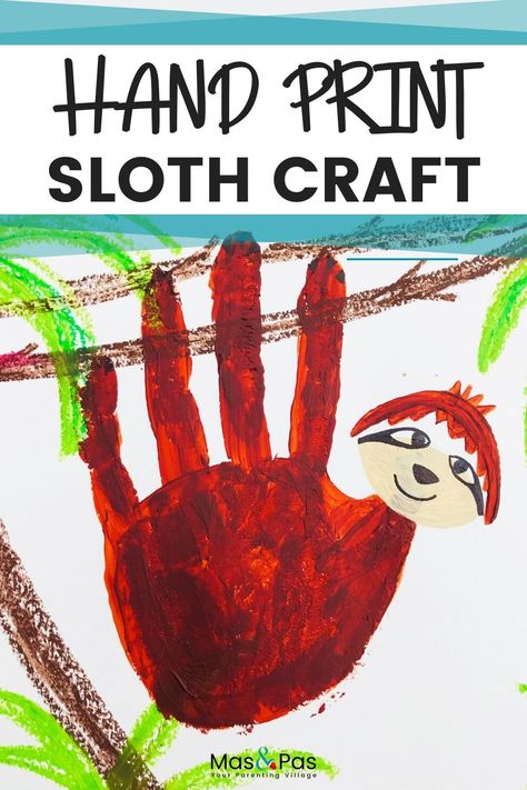 Help your kids create their own piece of art with nothing more than their hands and some paint. Follow this easy tutorial with your toddler to make a cute jungle sloth that's all their own.#paintingideasforkids #handprintart #handprintpainting #slothhandprint #toddlerart Sloth Handprint Craft, Handprint Animals, Sloth Craft, Hand Print Animals, Handprint Painting, Rainforest Activities, Sloth Party, Jungle Trees, Sloth Drawing