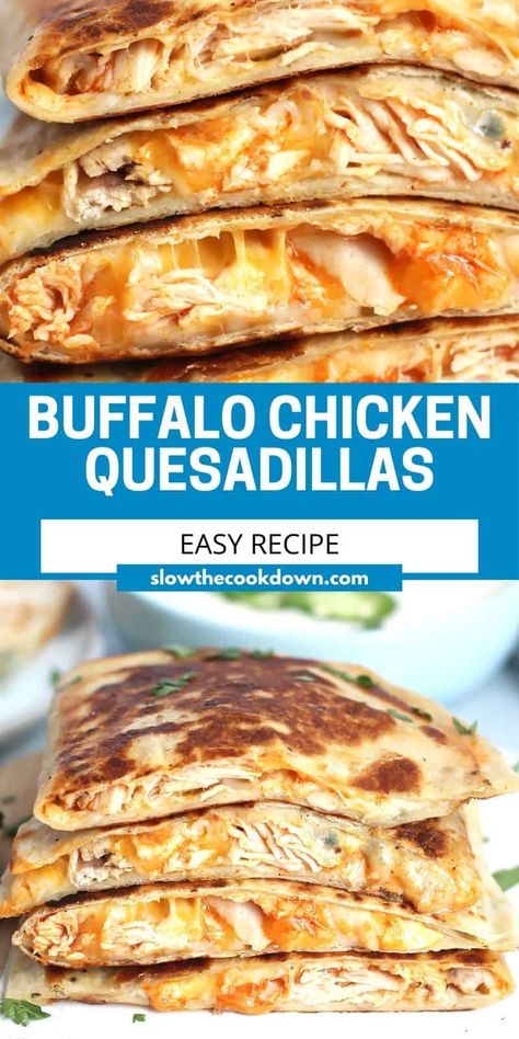 When the craving for buffalo chicken hits, whip up a batch of these quesadillas in minutes with just a few simple ingredients. Shredded chicken breast is smothered in buffalo sauce and piled into tortillas with blue and shredded cheese. So easy and so delicious! Buffalo Chicken Breast, Ground Beef Quesadillas, Buffalo Chicken Quesadilla, Shredded Buffalo Chicken, Leftover Chicken Breast, Sandwiches Recipes, Buffalo Recipe, Chicken Quesadilla Recipe, Buffalo Chicken Sandwiches