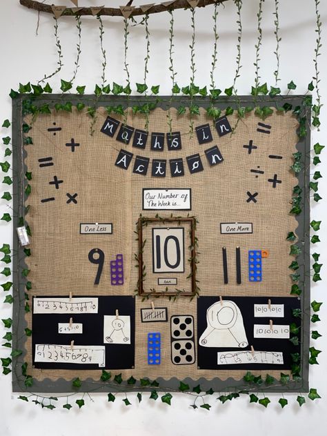 Maths Display Eyfs Working Wall, Natural Displays Classroom, Sen Classroom Ideas Ks2, Maths Display Board Ideas, Natural Maths Display, Maths Area Eyfs Classroom Displays, Classroom Maths Display, Number Display Classroom, Maths Display Board Eyfs