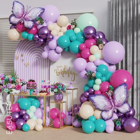 PRICES MAY VARY. Fairy Butterfly Theme Balloon Garland Kit: Our fairy butterfly theme balloon garland kit is perfect for creating a magical and whimsical atmosphere at your party. The kit includes a variety of colorful balloons in blush, dusty pink, and blue, along with butterfly wall stickers and a fairy garden balloon arch. High-Quality Materials: The balloons are made of high-quality latex, which is durable and long-lasting. The butterfly wall stickers are made of PVC, which is easy to apply Butterfly Party Decorations Ideas, Butterfly Balloon Decorations, Fairy Theme Birthday Party Decoration, Butterfly Theme Birthday Decoration, Birthday Party Decorations Blue, Fairy Theme Birthday Party, Butterfly Birthday Party Decorations, Sweet Baby Shower Ideas, Butterfly Themed Birthday Party