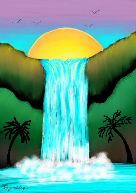 Waterfall Sunrise - Spectacular Hat Lady Painted Visions Competition Illustration, Waterfall Drawing, Forest Digital Art, Tropical Waterfall, Human Sketch, Waterfall Paintings, Waterfall Art, Sunrise Painting, Backyard Garden Landscape