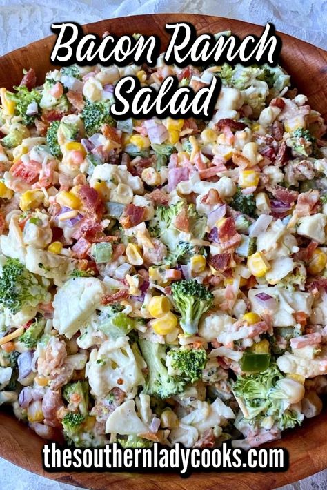 Bacon Ranch Chopped Salad recipe is easy and absolutely delicious. It’s made with broccoli and cauliflower and topped with a creamy ranch dressing. Perfect salad for any holiday or event anytime. Bacon Ranch Corn Salad, Salad With Ranch Dressing, Salads Potluck, Oktoberfest Salad, Bacon Ranch Salad, Bacon Ranch Broccoli Salad, Salads To Go With Sandwiches, Best Easy Side Dishes, Best Ever Salad