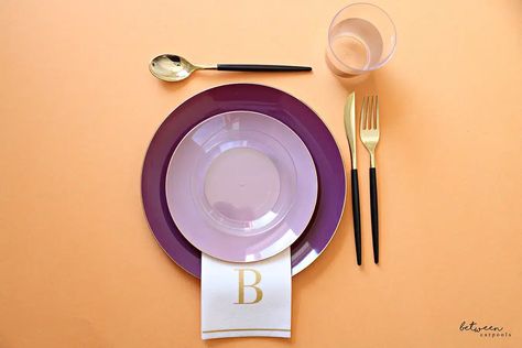 Disposable Paper Goods–How Much Do I Need for a Party? - Between Carpools Disposable Dishes, Serving Buffet, Gold Tumbler, Black Tumbler, Monogrammed Napkins, Styling A Buffet, Cool Tables, Appetizer Plates, Blush And Gold