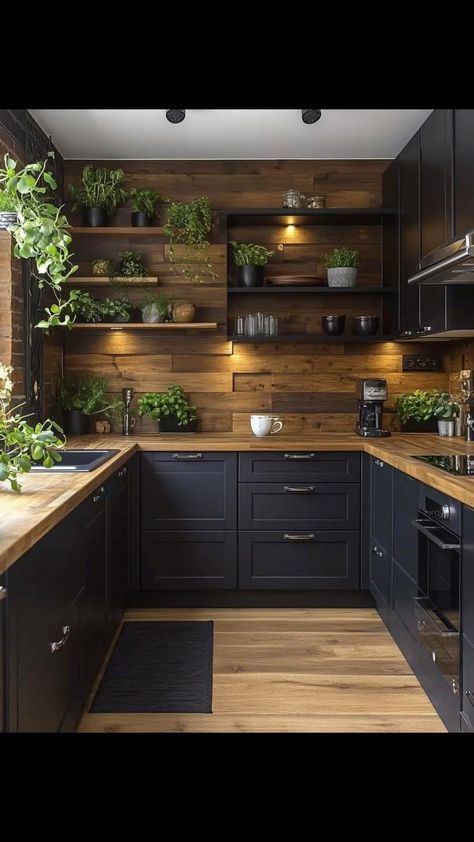 Black Cabinets Kitchen Wood Counters, Black And Cedar Interior, Black Kitchen Oak Worktop, Small Kitchens With Black Cabinets, Black And Stained Wood Kitchen, Black Small Kitchen Ideas, Black Kitchen With Wood Countertop, Blacked Out Kitchen, Dark Themed Kitchen