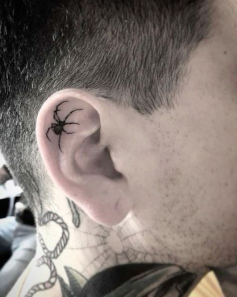 Skull Ear Tattoo, Spider Ear Tattoo, Spider Tattoo Behind Ear, Cute Ear Tattoos, Ear Tattoos For Men, Inner Ear Tattoo, Ankh Tattoo, Camera Tattoos, Saved Tattoo