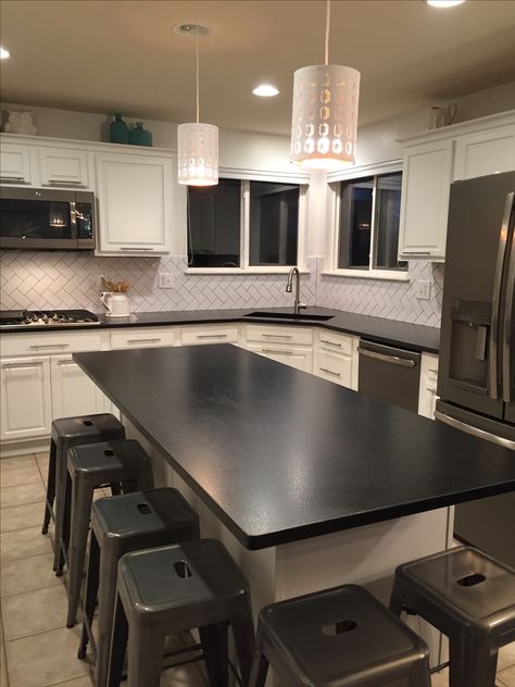 Black Granite With Backsplash, Black Leathered Granite Countertops, Black Leathered Granite, Leathered Granite Countertops, Leathered Granite, Black Granite Kitchen, Black Kitchen Countertops, Log Home Kitchens, Granite Kitchen Counters