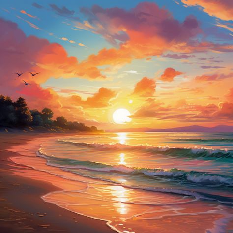 #beach #sunrise #sunset #sand #waves #travel #relaxing #satisfaction Beautiful Sunrise Painting, Sunrise Sunset Painting, Sunset At Beach, Sunrise On The Beach, Sunrise Reference, Beach Sky Aesthetic, Sunset Beach Acrylic Painting, Landscape Sunset, Beach Sunset Drawing