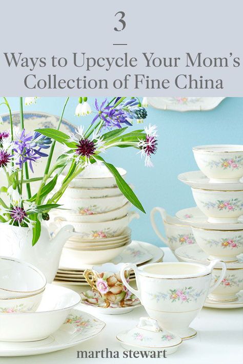 Put that inherited fine dishware to good use with one of these three ways to upcycle fine China around your home. See the full instructions for these creative home decor DIYs, or make one as a handmade gift for family members. #marthastewart #diydecor #diyprojects #diyideas #handmadegiftideas Ideas For Old China Dishes, Uses For Old China Dishes, China Plate Crafts, What To Do With Grandmas China, China Repurposed Ideas, Using China Everyday, Decorating With China Dishes, Crafts With China Dishes, Decorating With Dishes