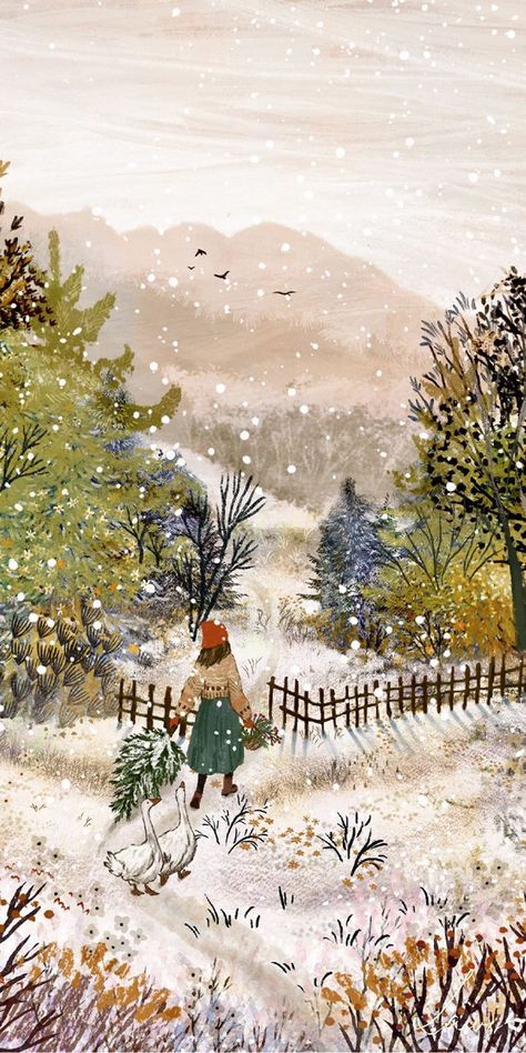 Winter Inspired Wallpaper, Cozy Winter Illustration Art, Xmas Iphone Wallpaper, Yule Background, Winter Aesthetic Painting, Xmas Phone Wallpaper, Winter Phone Wallpaper Iphone Backgrounds, Winter Illustration Wallpaper, Xmas Background Wallpapers