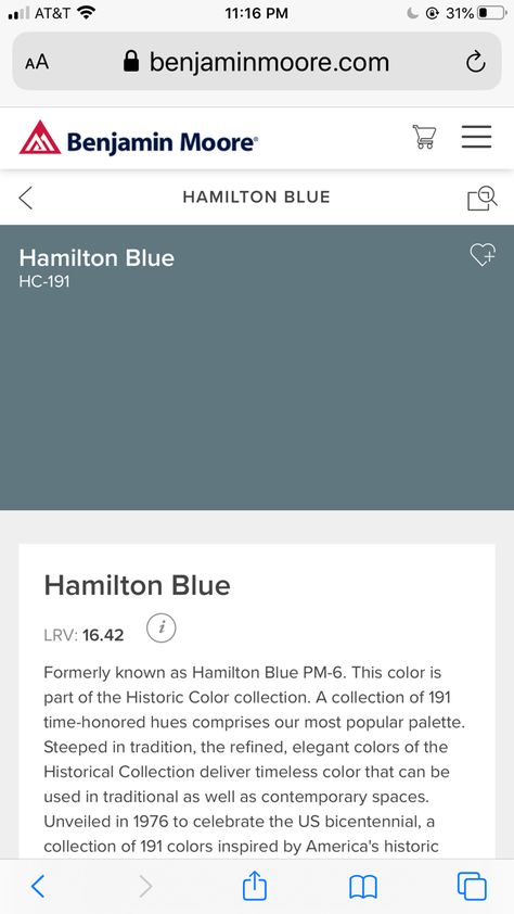 Benjamin Moore Hamilton Blue, Historic Colours, Benjamin Moore, Color Collection, Paint Colors, Paint, Blue, Color, Paint Colours