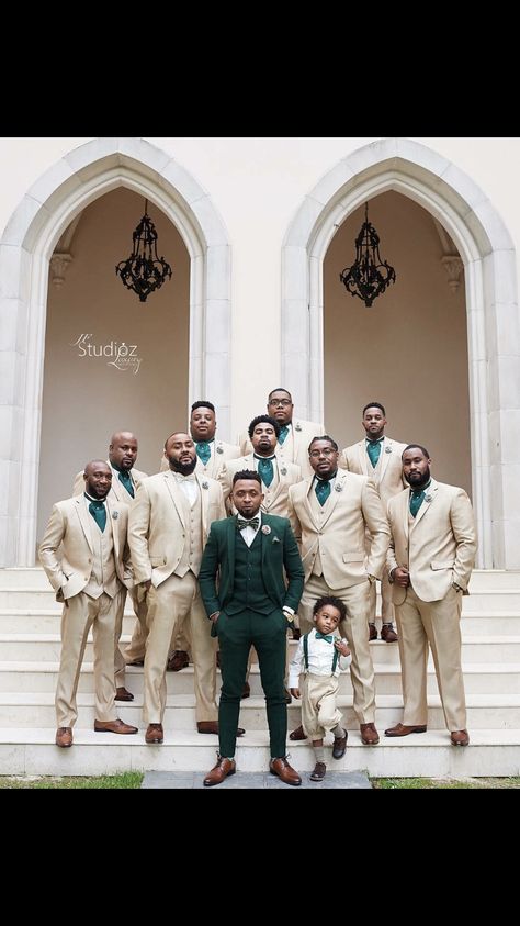 Emerald Green Wedding Theme, Green Wedding Suit, Wedding Groomsmen Attire, Wedding Suits Groomsmen, Green Tuxedo, Tan Wedding, Green Themed Wedding, Emerald Green Weddings, Wedding Suits Groom