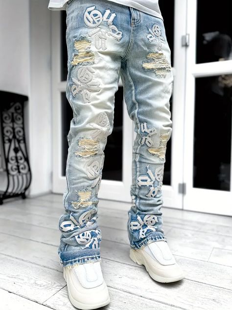 Temu Denim Retro, Ripped Denim Pants, Ripped Pants, Stretch Denim Fabric, Jeans Casual, Street Style Chic, Embroidered Denim, Embroidered Jeans, Ripped Denim