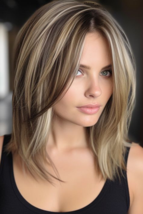 Choose a bold and modern hairstyle with chunky highlights and a dark root effect. Dark roots make chunky highlights clearly visible in them, which look bold and trendy. Click here to check out more best blonde hair with dark root ideas to try this year. Bold Blonde Highlights On Dark Hair, Blonde Highlights On Dark, Hilites On Dark Brown Hair, Medium Modern Haircut, Blonde Hair With Dark Blonde Lowlights, Fall Blonde Hair Color Straight, Shadow Roots Hair Brunette To Blonde, Root Highlights Brown Hair, Hair Color For Older Women Highlights