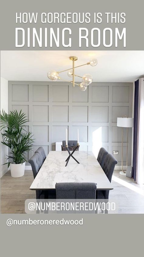 Grey Paneled Wall | Dining Room Panel Wall Decor Ideas, Dining Room Organization, Dining Room Paneling, Dining Room Colour Schemes, Wood Panel Wall Decor, Living Room Interior Design Ideas, Wood Panel Wall, Panel Wall Decor, Living Room Panelling