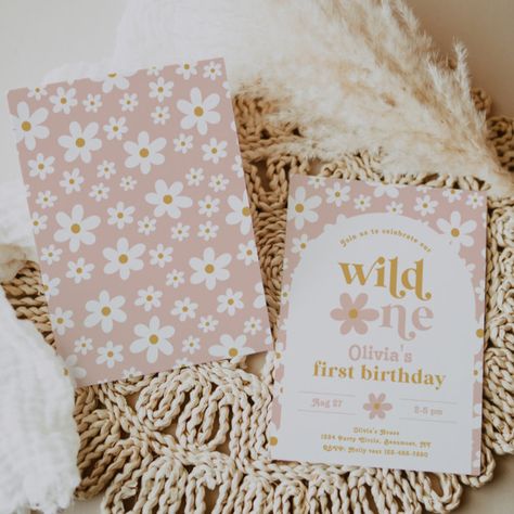 Wild One Daisy Birthday Invitation | First - Birthday Invitation Wild One Floral First Birthday, Wild One Daisy Birthday, One Daisy Birthday, Daisy First Birthday Theme, Floral 1st Birthday, Daisy Invitations, Wildflower Invitation, Flower Birthday Party, Daisy Birthday