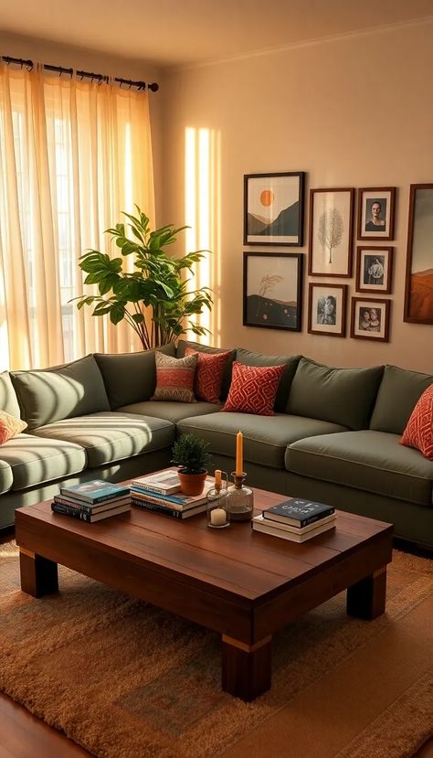 Discover the warmth of a cozy living room, where golden sunlight dances through sheer ivory curtains. A plush teal sectional beckons relaxation, adorned with vibrant throw pillows that pop with color. At the heart, a rustic wooden coffee table holds curated coffee table books, a charming succulent, and a vintage candle holder. Framed artworks line the walls, while a lush indoor plant breathes life into the space. This inviting retreat is perfect for gatherings and relaxation. #CozyHome #InteriorDesign #LivingRoomInspiration Apartment Inspiration Living Room, Small Living Room Ideas Layout, Teal Sectional, Sheer Ivory Curtains, Cozy Living Room Inspiration, Rustic Wooden Coffee Table, Ivory Curtains, Room Design Modern, Colourful Living Room Decor