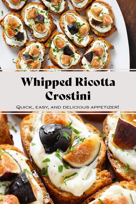 This Whipped Ricotta Crostini is the perfect appetizer for fall and winter and especially the holiday season! Creamy whipped ricotta is mixed with lemon, garlic, and hot honey, spread on crispy toasted baguette, and topped with fresh figs. It's easy to make into a big batch and it can be ready in just 20 minutes! Fig Ricotta Appetizer, Whipped Ricotta Crostini, Whipped Ricotta Appetizer, Winter Finger Foods, Crostini Appetizers Easy, Birthday Finger Foods, Whipped Feta Crostini, Fig Crostini, Green Beans With Cranberries