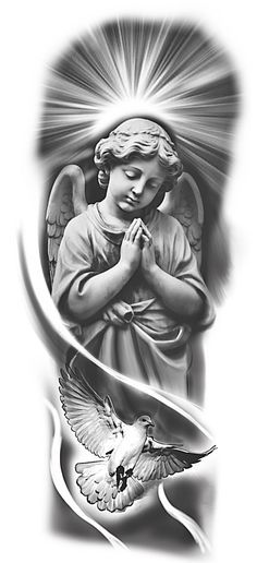 Angel In The Clouds Tattoo, Black And Grey Angel Tattoos, Engel Tattoo Design, Praying Angel Tattoo Designs, Baby Angel Tattoo For Men, Angel With Wings Tattoo, Angel Praying Tattoo, Angel Tattoo For Men, Guardian Angel Tattoo For Men