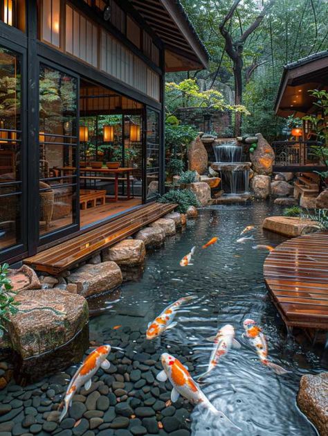 37 Indoor Zen Garden Design Ideas Zen Garden Inside House, Zen Garden With Water Feature, Japanese Garden Layout, Water Fall Garden, Zen Interior Design Living Room, Home Zen Garden, Indoor Koi Pond, Zen Patio, Zen House Design