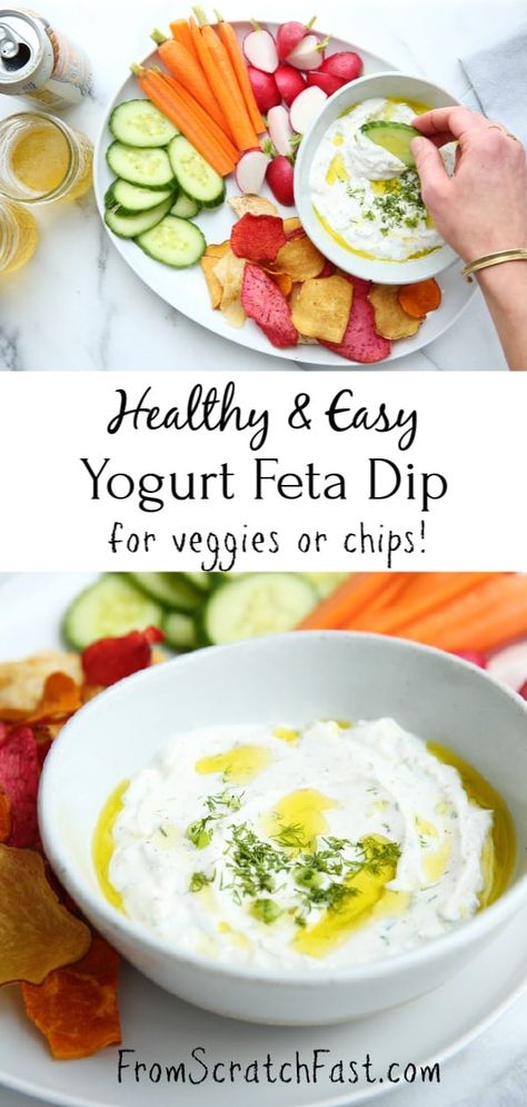 This easy (and healthy!) Greek yogurt & feta dip (for veggies OR chips) is the perfect make-ahead appetizer, and it comes together in minutes! #Fromscratchfast #yogurtfetadip #greekyogurtdip #veggiedip #appetizersforparty Healthy Feta Dip, Feta And Greek Yogurt Dip, Healthy Yogurt Dip For Veggies, Feta And Yogurt Dip, Yogurt Feta Dip, Feta Veggie Dip, Greek Yogurt Dip For Chips, Vegetable Dip With Greek Yogurt, Feta Yogurt Dip