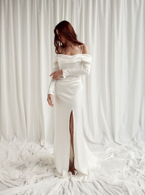 Silk satin off the shoulder long sleeve fit and flare mermaid modern wedding dress Wedding Dress Spaghetti Straps, Simple Wedding Dress With Sleeves, Fit And Flare Wedding Dress, Satin Wedding Dress, Chapel Train, Dress Spaghetti, Vegas Wedding, Satin Wedding, Simple Wedding