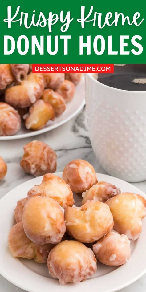 Learn how to make these soft and fluffy Krispy Kreme Donut Holes at home. This homemade copycat recipe is easy to make and so delicious. Skip the drive-thru and make these donut holes at home. #dessertsonadime #krispykremerecipes #copycatrecipes #donutholes Easy Donut Hole Recipe, Donut Hole Recipe Baked, Easy Donut Holes, Doughnuts Easy, Baked Donut Holes, Donut Hole Recipe, Doughnut Recipe Easy, Donut Calories, Krispy Kreme Donuts