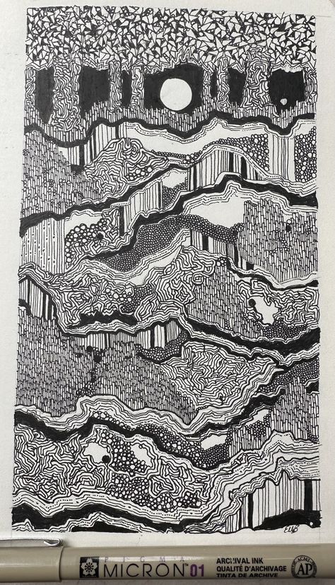 Scribble Art Doodles, Fineliner Landscape, Micron Pen Art Doodles, Fineliner Art Doodles, Zentagle Drawing Landscape, Zentangle Landscape Line Drawings, Zentangle Landscape Nature, Zentangle Art Scenery, Zentangle Landscape