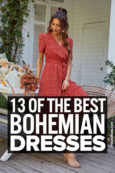 Ready to unleash your spirited boho loving self? Slip into one of these 13 bohemian style dresses embellished with natural details and easy silhouettes. Made for dancing! Boho Party Dress Bohemian, Bohemian Outfits Party Boho, Boho Themed Party Outfit, Bohemian Party Outfit, Bohemian Outfits Party, Bohemian Attire, Boho Party Dress, White Lace Dress Boho, Red Boho Dress