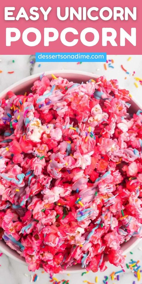 Unicorn Popcorn is a fun and colorful recipe. The sweet and salty blend of popcorn and sprinkles with candy melts is delicious. It is a fabulous and delicious blend of popcorn, candy melts and rainbow sprinkles. The combination is so pretty and makes a great treat for a Unicorn themed party. #dessertsonadime #unicornpopcorn #unicorntreats Candy Melts Recipe, Marshmallow Drink, Unicorn Popcorn, Flavored Popcorn Recipes, Rainbow Popcorn, Marshmallow Desserts, Popcorn Candy, Unicorn Desserts, Dessert From Scratch