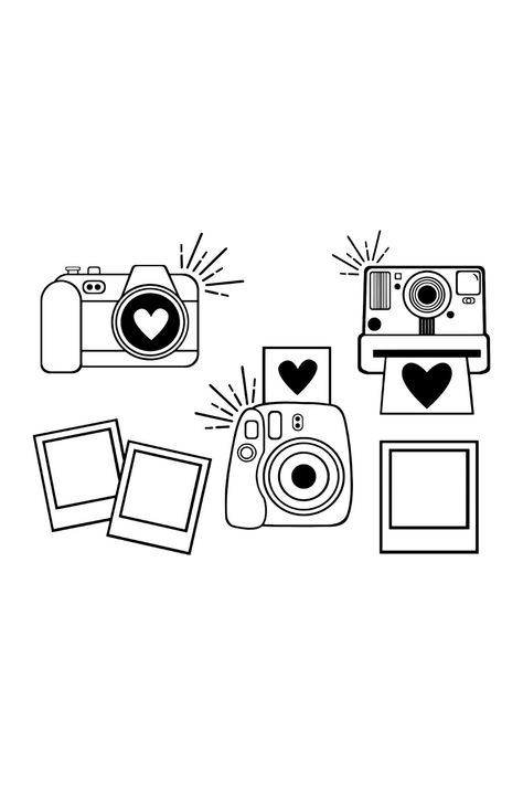 Vintage Cameras SVG Polaroid Tattoo Design, Instant Camera Aesthetic, Digital Camera Drawing, Polaroid Camera Drawing, Photography Doodle, Camera Collage, Vintage Camera Aesthetic, Camera Outline, Polaroid Stickers