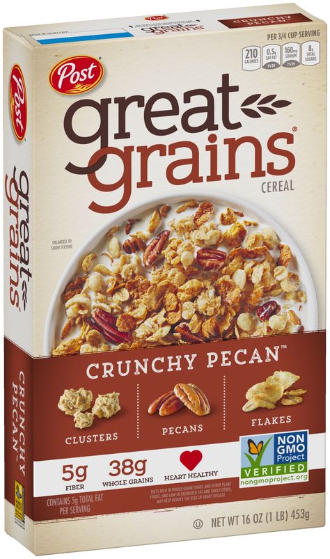 Great Grains Cereal, Whole Grain Foods, Cereal Brands, Whole Grain Cereals, Filling Snacks, Granola Cereal, Crunchy Pecans, Unprocessed Food, Whole Grains