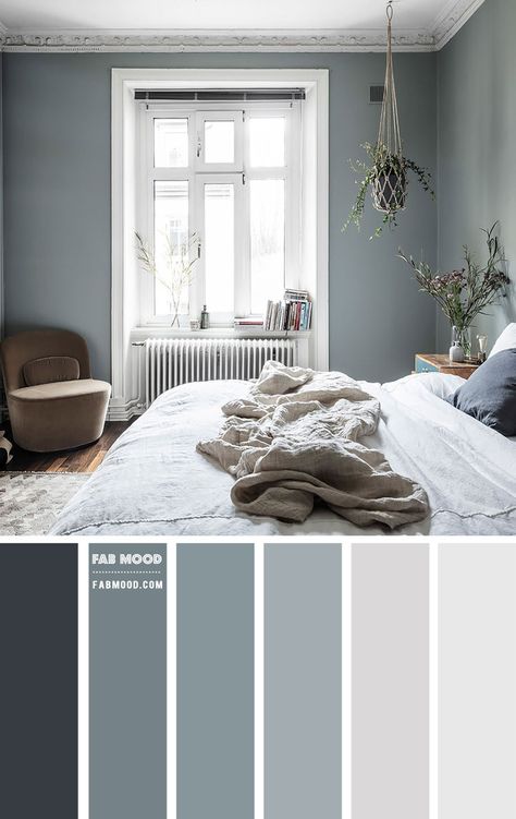 Another lovely bedroom color palette in mute earthy hue “slate green and grey” bedroom. To make the bedroom looks bigger they used brighter paint... Grey Colour Scheme Bedroom, Grey Bedroom Colors, Blue Gray Bedroom, Wedding Color Palettes, Themes Wedding, Bedroom Colour Palette, Colors Wedding, Dekorasi Kamar Tidur, Bedroom Wall Colors