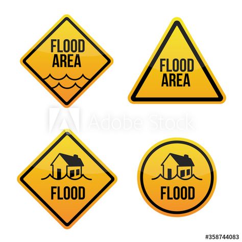 Flood area alert. Warning signs labels with flooding house. Yellow aIsolated on white background. EPS10 #AD , #Warning, #signs, #labels, #Flood, #area Traffic Signs And Symbols, Flooded House, Flood Warning, Warning Sign, Traffic Signs, Business Templates, Warning Signs, Business Template, White Background