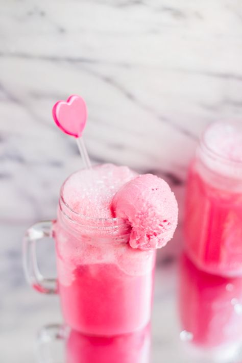 Soda Float, Valentine Drinks, Desert Drinks, Raspberry Sherbet, Pink Desserts, Pink Raspberry, Ice Cream Floats, Valentines Day Treats, My Funny Valentine