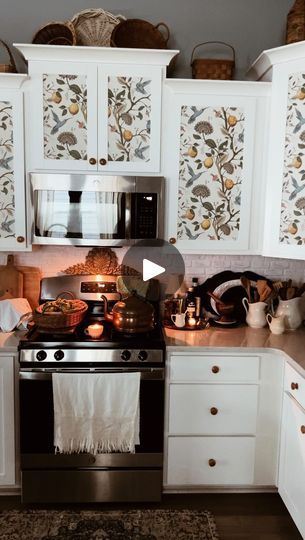 1.5K views · 2.3K reactions | A few months ago I had decided I was changing out the wallpaper on my cabinet doors, but then I changed my mind. This pattern is just so good right now. It fits into my decor and it’s even giving me some Christmas inspo!   But, you know me! I could change my mind again in the near future. But that’s the great thing about peel and stick wallpaper, it’s so easy to switch up!   Would you change it or leave it?   ~Shoshannah ♥️  #cozykitchen #cozykitchens #kitchencharm #kitchencharacter #kitchencabinetsmakeover #wallpaperdesigns #wallpaperdecor #vintagestylekitchen #vintagekitchendecor #coastalcottages #coastalcottagekitchen #vintagecottagestyle #vintagecottage #kitchenredesign #cottageinspo #cottagecore #cottagefarmhousedecor #cottagedecorating | •Shoshannah Cris Wallpapered Cabinet Doors, Wallpaper On Kitchen Cabinets, Wallpaper Cabinet Doors, Fast Crafts, Wallpaper For Kitchen Cabinets, Coastal Cottage Kitchen, Wallpaper Cabinets, Granny Chic Decor, Slow Summer