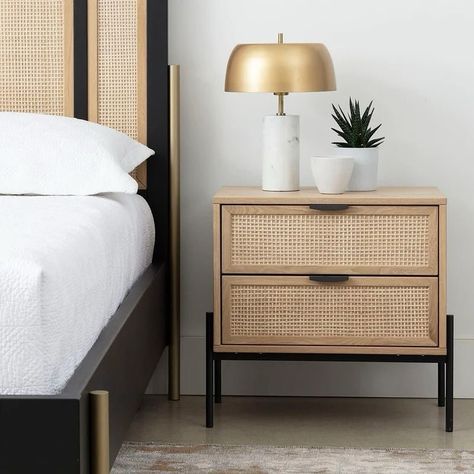 Create a bedroom with this stylish nightstand crafted in Indonesia. Featuring two natural rattan drawers contrasted with teak wood frame. Matte black and Matt gold iron feet matching brass handled completes the design... #bali #sidetable #indonesia #nightstand #malaysia #fyp #dubai #livingroom #maldives #minimalism #india #rattan #jogja #jakarta #decor #brunei Ratan Bedrooms Idea, Bedroom Pedestals, Iron Bed Design, Elegant Nightstand, Rattan Drawers, Bed Side Tables, Nightstand Set, Cookbook Design, Rustic Nightstand