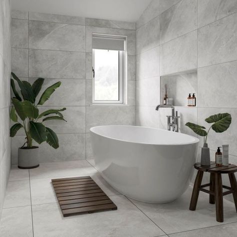 Maverick White 370x750 Large Bathroom Wall Tiles, Grey Travertine Bathroom, 1910 Bathroom, White Bath Tub, Grey Travertine, Shiny Floors, White Porcelain Tile, Chaffinch, Timeless Bathroom