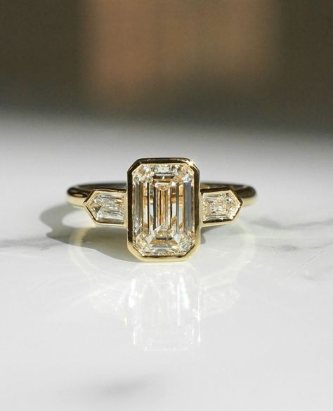 Frank Darling Custom Rings | All of our favorite things in one ring 💍⁠ ⁠ A custom spin on our Breezy Deco Bezel, this customer opted for an emerald diamond, a bezel… | Instagram Three Stone Emerald Cut Ring, Mood Wedding, Frank Darling, Emerald Cut Moissanite Engagement Ring, Anniversary Rings For Her, Ring Three Stone, Bezel Engagement Ring, Future Engagement Rings, Emerald Cut Engagement