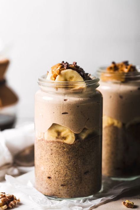 Coffee Banana Chia Pudding with Walnut Cream (Vegan) 3 Aesthetic Chia Pudding, Coffee Chia Pudding, Vegan Chia Pudding, Healthy Banana Pudding, Breakfast Cravings, Pudding Recept, Gluten Free Dairy Free Dinner, Chia Pudding Recipes Healthy, Walnut Cream