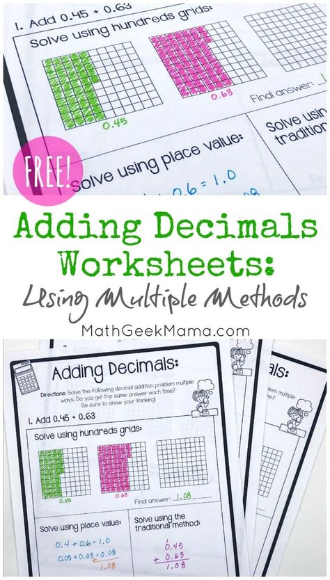 Multiple Strategy FREE Adding Decimals Worksheets - Homeschool Giveaways Adding Decimals Anchor Chart, Subtracting Decimals Worksheet, Decimals Anchor Chart, Division Anchor Chart, Teaching Decimals, Adding Decimals, Math Decimals, Subtracting Decimals, Addition Strategies