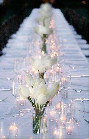 Wedding Table Settings Simple, Table Settings Simple, Dinner Table Settings, Candle Table Setting, White Wedding Table Setting, White Table Settings, Simple Table Settings, Tulip Wedding, Candle Lighting