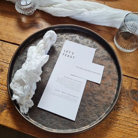 Minimalist menus + place cards from the Nova collection for L + G 🖤 Venue @brickhousevineyard Decor @glas.events Stationery and signage @paperbelles #wedding #devonwedding #weddingdevon #weddingstationery #menus #placecard #placesetting #weddingtabledecor #vineyardwedding #brickhousevineyard #2024wedding #2025wedding #modernweddingstationery Greek Style Potatoes, Creme Fraiche Sauce, Modern Wedding Stationery, Cake Bites, Black Forest Cake, Greek Style, Bean Salad, Vineyard Wedding, Mini Desserts