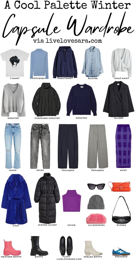 Cool Winter Color Palette Capsule Wardrobe, Cool Winter Palette Outfits Capsule Wardrobe, True Winter Wardrobe Palette, Deep Winter Color Palette Capsule Wardrobe, Winter Pallete Outfits, Winter True Outfits, True Winter Clothing, Deep Winter Fashion Outfits, Clear Winter Outfits Capsule Wardrobe