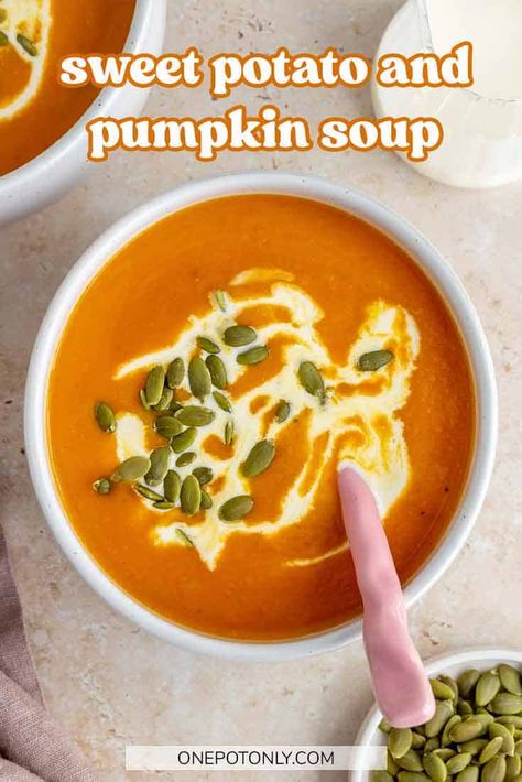 Creamy, flavorful, and full of healthy goodness, this sweet potato and pumpkin soup comes together easily in a few simple steps. All you need are a handful of simple ingredients and you'll have this soup ready in no time. It's the perfect cozy soup on a crisp fall day. Sweet Potato Pumpkin Soup, Pumpkin Sweet Potato Soup, Pumpkin Puree Recipes, Leftover Pumpkin, Homemade Pumpkin Puree, Sweet Potato Soup, Pumpkin Pie Filling, Hot Soup, Light Lunch